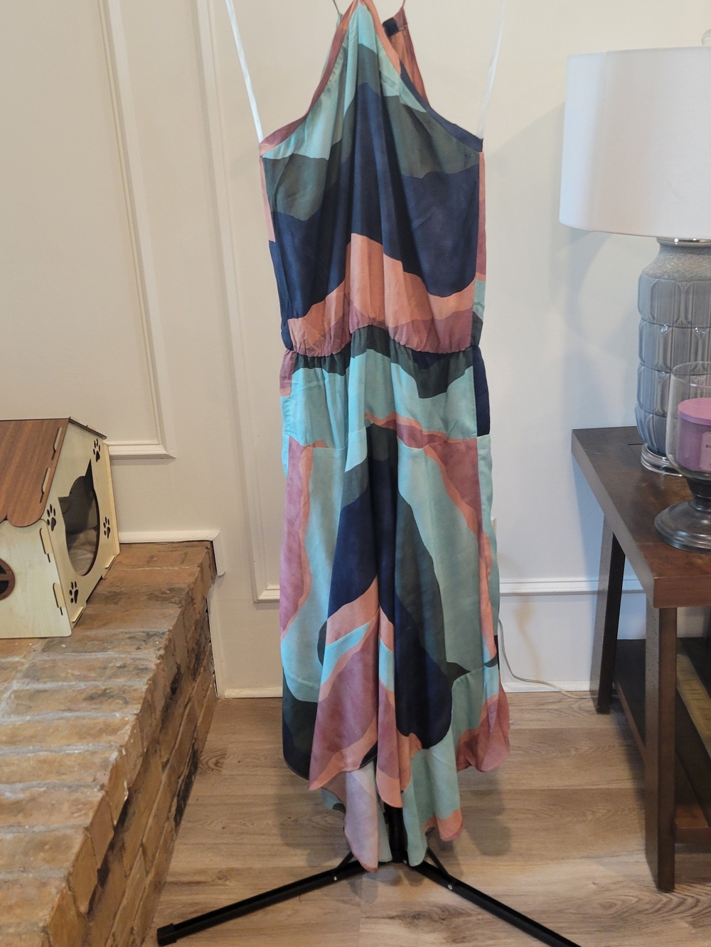 VIX Paula Hermanny Asymmetrical Halter Maxi Dress in Teal, Navy & Dusty Rose